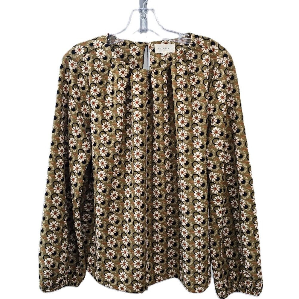 Melloday Pleated Round Neckline Button Back Closure Long Sleeve Multicolor XL